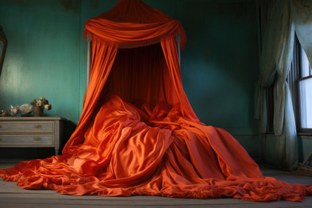 silk dress draped over the foot of a four-poster bed, created with generative aiの素材