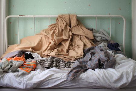 simple cotton dress folded neatly on a teenagers messy bed, created with generative aiの素材