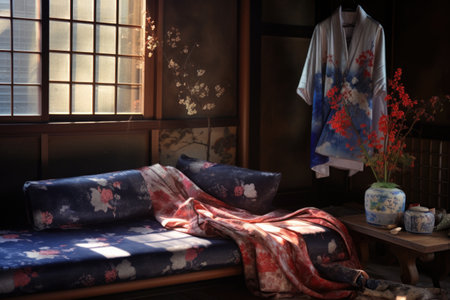 a kimono spread out on a traditional japanese futon, created with generative aiの素材