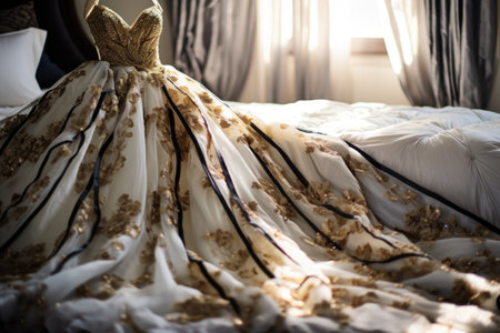 close-up of a designer gown laid out on a white bedspread, created with generative aiの素材