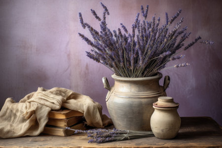 a dry lavender bunch in a ceramic pot on a vintage metal table, created with generative aiの素材