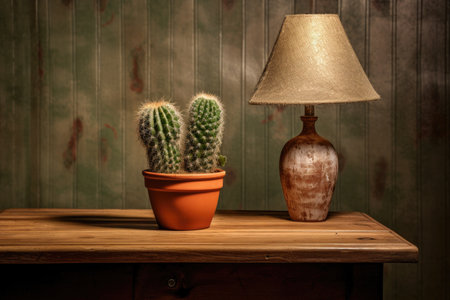 a dry potted cactus on a wooden table, with a lamp in the background, created with generative aiの素材