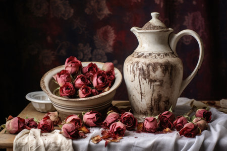 dried roses in a ceramic vase on a dining table, created with generative aiの素材