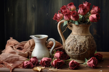 dried roses in a ceramic vase on a dining table, created with generative aiの素材
