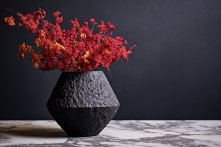 a red dried flower in a black ceramic pot on a marble table, created with generative aiの素材