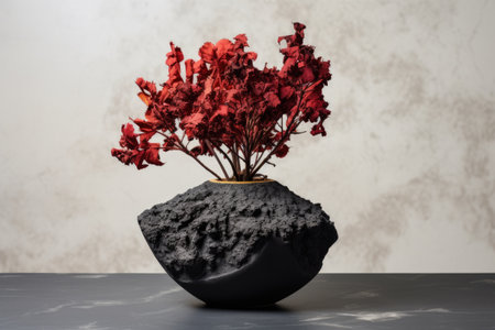 a red dried flower in a black ceramic pot on a marble table, created with generative aiの素材