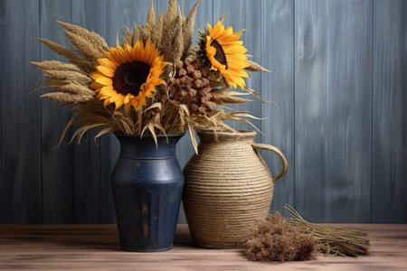 a dried sunflower in a rustic pot on a wooden table, created with generative aiの素材
