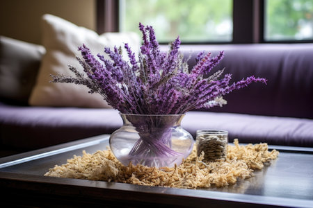 potted lavender with dried flowers on a glass coffee table, created with generative aiの素材