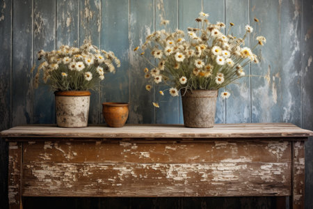 potted dried daisies on an antique wooden desk, created with generative aiの素材