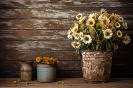 potted dried daisies on an antique wooden desk, created with generative aiの素材