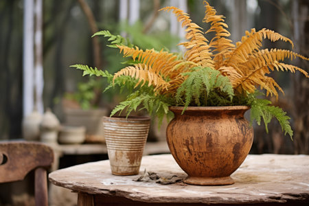 a dried fern in a terracotta pot on a garden table outdoors, created with generative aiの素材