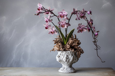 dried orchid in a decorative pot on a marble table, created with generative aiの素材
