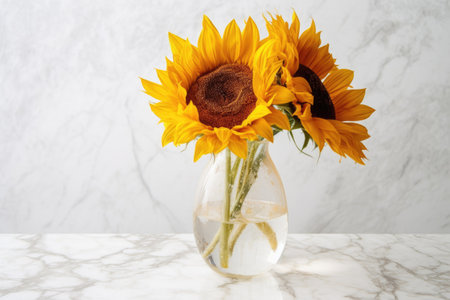 close-up of a dry sunflower in a glass vase on a white marble table, created with generative aiの素材