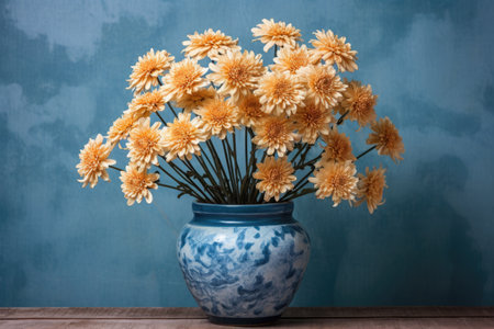 close-up shot of dry chrysanthemum in a blue ceramic pot on a stone table, created with generative aiの素材