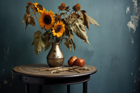 a small table with a dried sunflower in a metallic pot, created with generative aiの素材