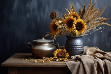 a small table with a dried sunflower in a metallic pot, created with generative aiの素材
