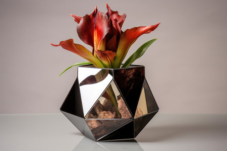 dry tulip in a modern geometric pot on a mirrored table, created with generative aiの素材