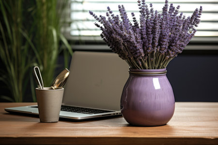 a dried lavender pot on a modern metal desk with a laptop, created with generative aiの素材