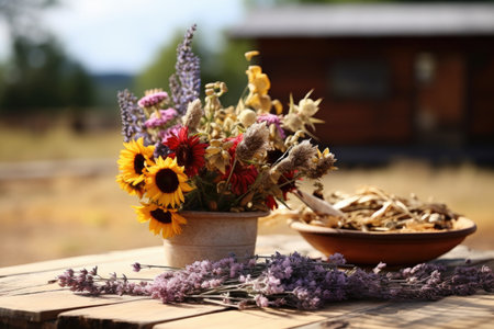 dry potted flower centerpiece on a picnic table outdoors, created with generative aiの素材