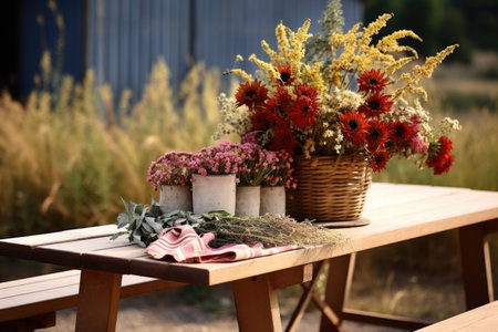 dry potted flower centerpiece on a picnic table outdoors, created with generative aiの素材