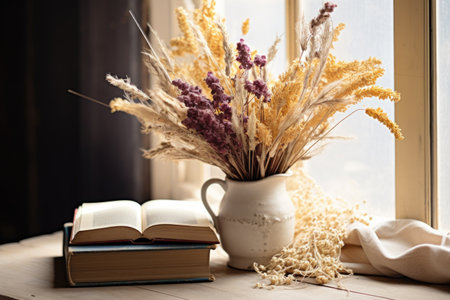 dried flower arrangement in a pot on a white table with vintage books, created with generative aiの素材