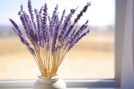 close-up of a dried lavender stem in a white pot on a glass table, created with generative aiの素材