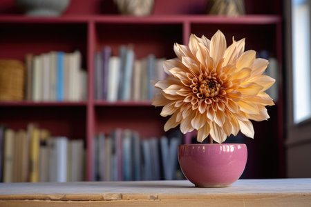 a dried potted dahlia on a table with a blurred bookshelf in the background, created with generative aiの素材