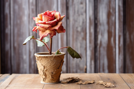 a single dried rose in a ceramic pot on a rustic wooden table, created with generative aiの素材