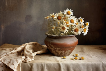a dried daisy in a vintage pot on a tablecloth-covered table, created with generative aiの素材