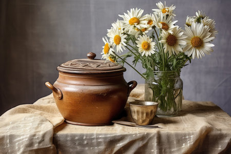 a dried daisy in a vintage pot on a tablecloth-covered table, created with generative aiの素材