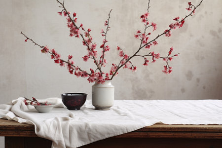 a dried potted cherry blossom on a table with a white tablecloth, created with generative aiの素材