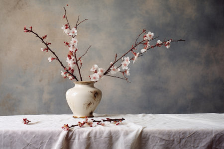 a dried potted cherry blossom on a table with a white tablecloth, created with generative ai