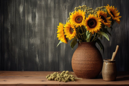 a dry sunflower in a rustic pot on a wooden table, created with generative aiの素材