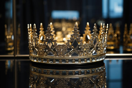 gold crown with diamond studs placed on a mirror reflecting its image, created with generative aiの素材