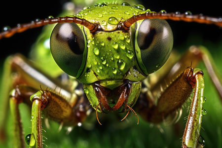a macro shot of a grasshoppers eye on a green leaf, created with generative aiの素材
