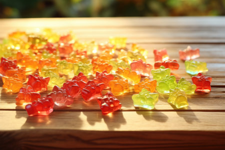 gummy bears scattered on a wooden tabletop, created with generative aiの素材