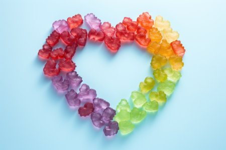 gummy bears forming a heart shape on a pastel background, created with generative aiの素材