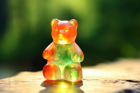 close-up shot of a single gummy bear with blurred background, created with generative aiの素材
