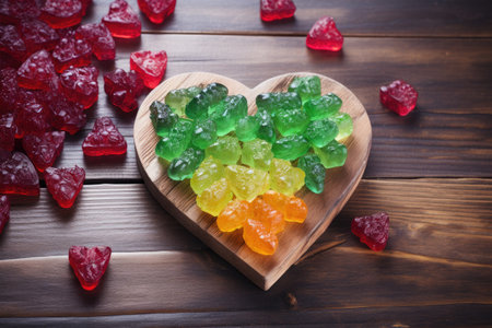 gummy bears arranged in a heart shape on a wooden table, created with generative aiの素材
