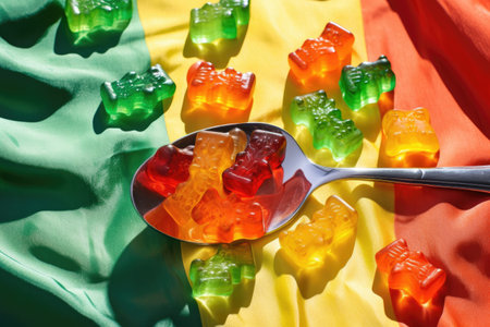 a spoonful of gummy bears on a bright tablecloth, created with generative aiの素材