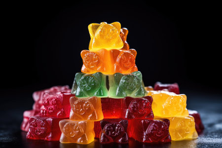 macro shot of gummy bears stacked in a pyramid shape, created with generative aiの素材