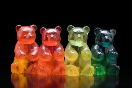 gummy bears in a rainbow pattern against a black backdrop, created with generative aiの素材