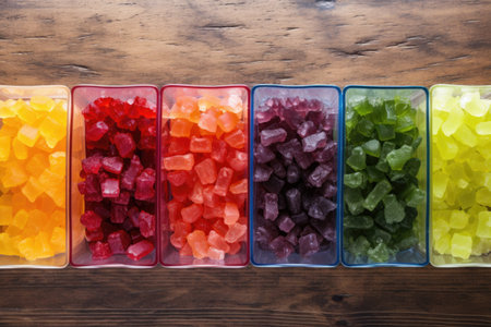 top view of gummy bears sorted by color on a table, created with generative aiの素材