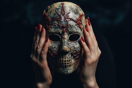 a hand holding a horror-themed mask against a dark background, created with generative aiの素材