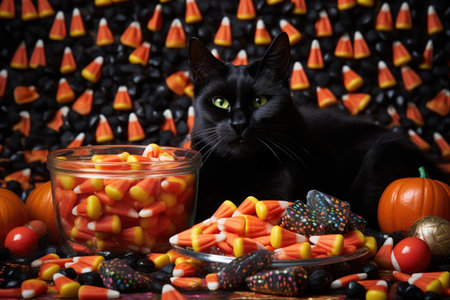 a black cat mask resting on a pile of candy corn and halloween treats, created with generative aiの素材
