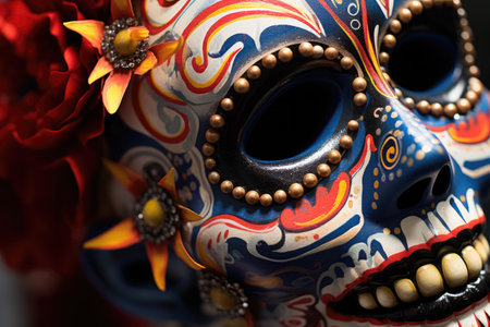 a close-up shot of a hand-painted day of the dead mask, created with generative aiの素材