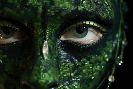 a close-up of a spooky witch mask with green eyes, created with generative aiの素材