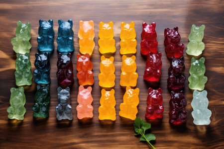 top view of gummy bears sorted by color on a table, created with generative aiの素材