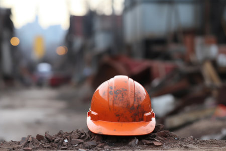close-up of a hardhat with construction site blurred in the background, created with generative aiの素材