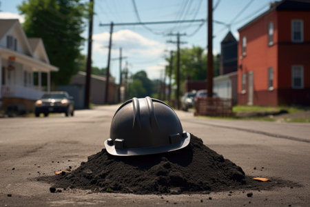 a hardhat resting on a mound of fresh asphalt, created with generative aiの素材